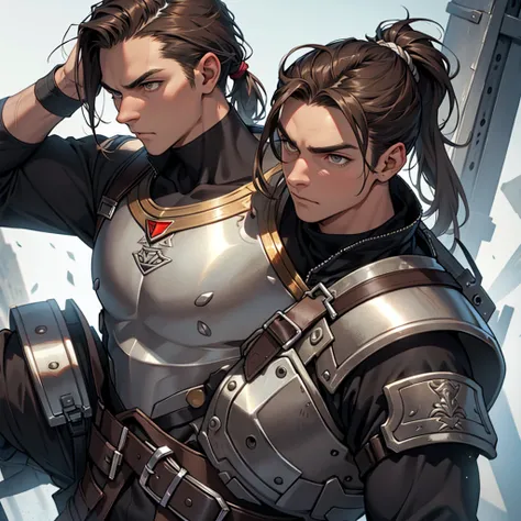 Young-faced man, adult, athletic body, He wore warrior armor, Brown hair, short, messy and tied in a short ponytail, big silver eyes, dark complexion, defiant look