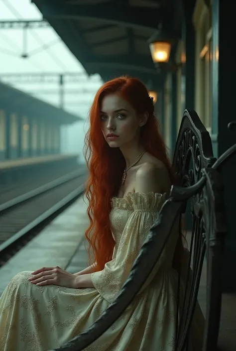 The angel of death with scythe as a beautiful redhead woman sitting at a train station