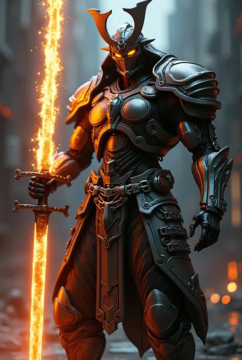 a bulky shiny adamantine cybernetic samurai, flaming sword, highly detailed, extremely detailed, 8k, hyper realistic, volumetric lighting, dramatic lighting, cinematic, moody, dark, glowing eyes, glowing sword, intricate details, complex armor, samurai arm...