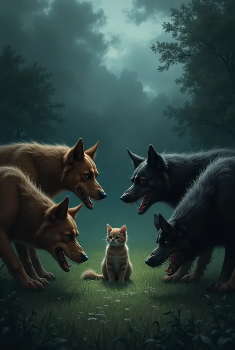 . **The Dogs Surrounding Paws:**
   - **Prompt:** "A tense scene in a quiet garden. A group of large, stray dogs with snarling faces have surrounded a tiny kitten, Paws, who looks frightened. The dogs are growling and barking menacingly, their eyes focused...