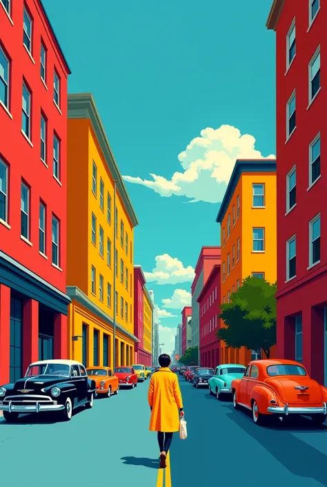 Create an image of a vibrant urban street scene during the day where styles of both artists  Andry Warhol and Picasso are met , with a clear blue sky and a few wispy clouds. The style should be bold and graphic with strong use of shadows and highlights to ...