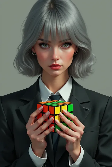 Semi-realistic art style. Woman with a suit. Bangs cover her forehead. Her hair is grey. She holds two Rubik’s cubes, one on each hand.