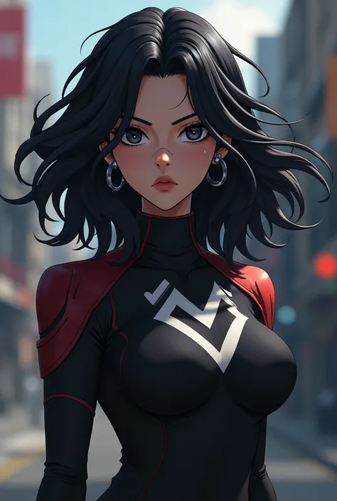 Make a character with my hero academia female uniform,slightly dark skinned,with wavy black hair with some white streaks,black eyes,with good physique,with a winged mole on the nose,and a scar on the left side of the forehead