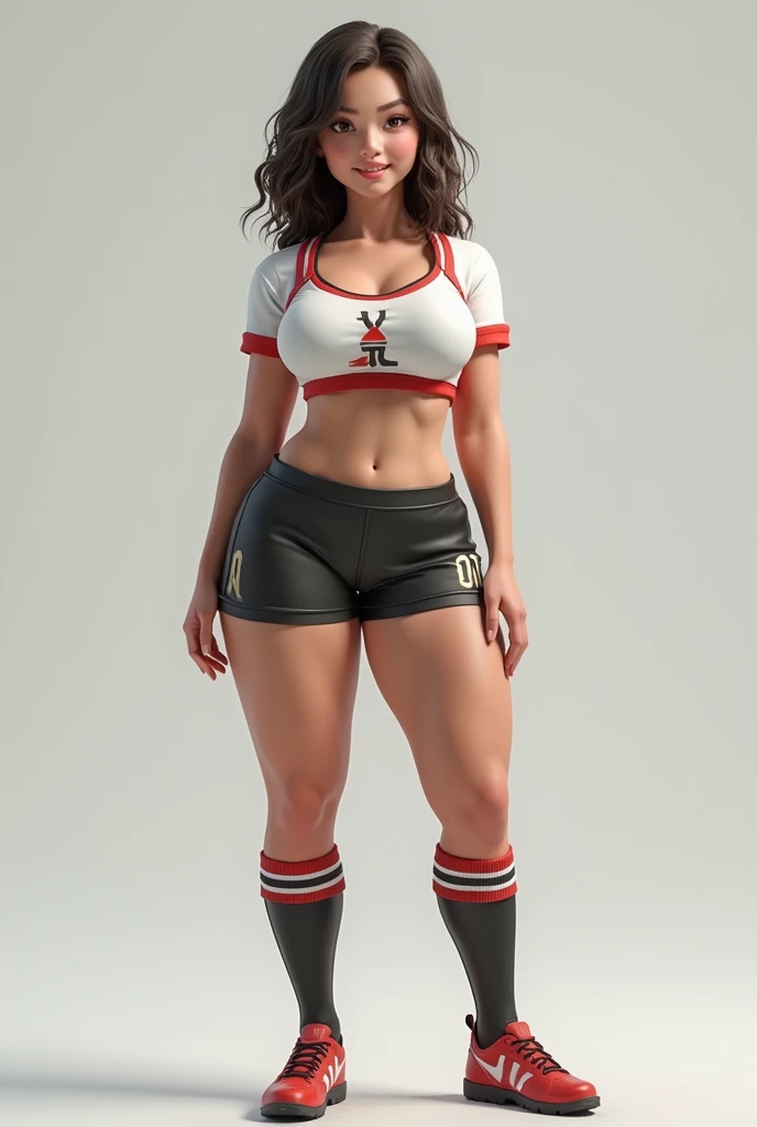 Make a girl with a short soccer uniform with big breasts and big buttocks