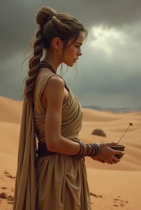 A Roman beautiful sweet girl is begging in the desert with a bowl. The sky is covered with dark clouds. Back view, Hyper-realistic photography