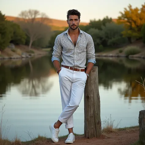 A white man, aged 35, model type, with short dark hair, with blue eyes, wearing a flowered shirt buttoned all the way up, white pants with belt,  tennis,  leaning against a wooden post on a lake in the Alentejo at dawn