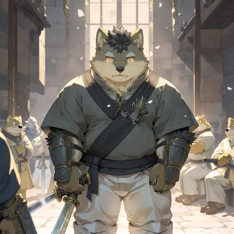 masterpiece, best quality, 8K resolution, Very detailed, hairy，Shiba Inu，(((Black hair)))，(((Golden fur)))，(((Golden Eyes)))，Chubby，Chubby face，Plain clothes，Ordinary greatsword，(((White pants))),(((Swordsman)))，(((Big Sword × 1)))，For the audience，(((Dung...