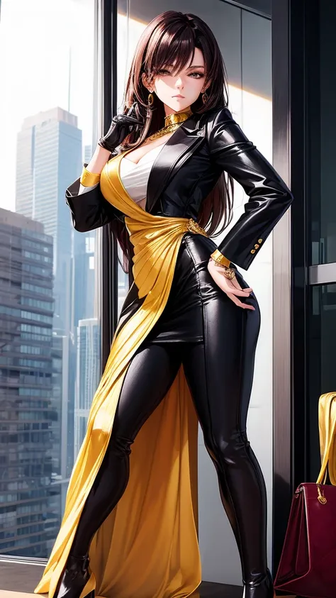 For an anime character symbolizing ambition and the desire for a luxurious life, imagine a confident and elegant young woman. She has sharp, determined eyes and an aura of sophistication. Her outfit is sleek and modern—perhaps a glamorous business suit wit...