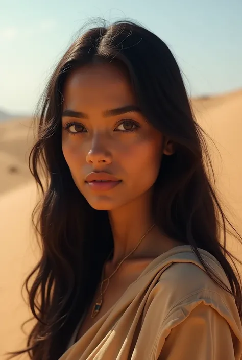 Realistic Indian model of a women having black hair and light brown eyes shooting in desert 