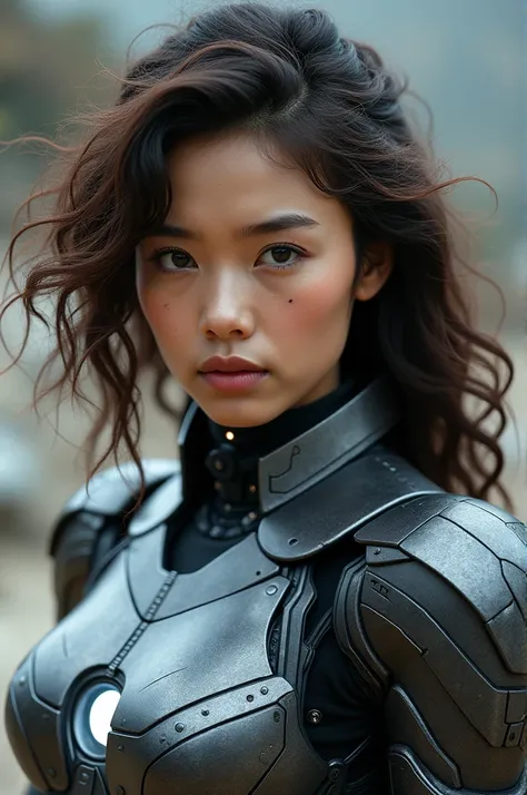 Asian girl with very curly brown hair with a mole on the left side of her mouth in an ironman armor