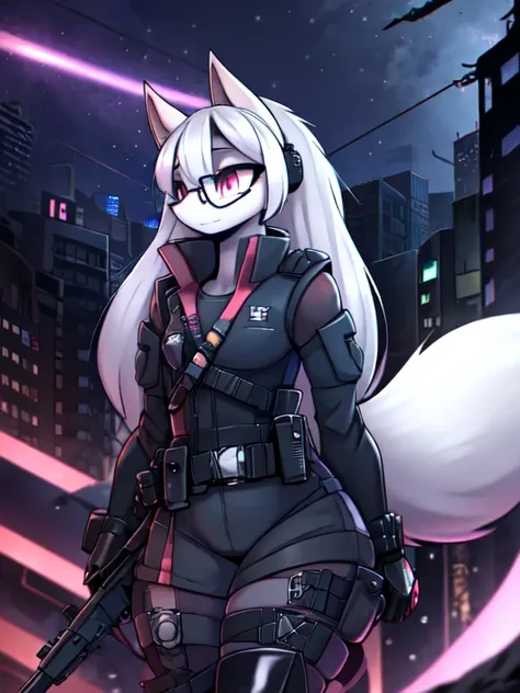 kawaii, Pink Striped Fluffy Fox, , depleted, pink long hair, Left Eye Red, The right eye is blue, heterochromia, 3 girls, in a night abandoned city with snow and ruins, artificial synthetic leather, life support prosthetics, biological leg prostheses, digi...