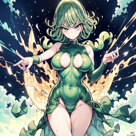 (8k resolution), (Tatsumaki from One Punch Man), body of perfection, pose in a pie-shaped slice (as if shes slicing a pie), hair standing on end due to electric manipulation, signature blue eyes showing a hint of annoyance, leaning slightly backward, left ...