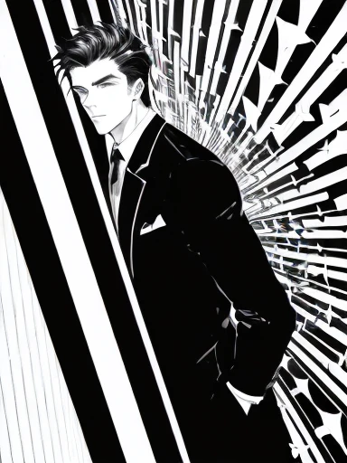 (((black and white illustration with converging lines)))、(((young and handsome men))),