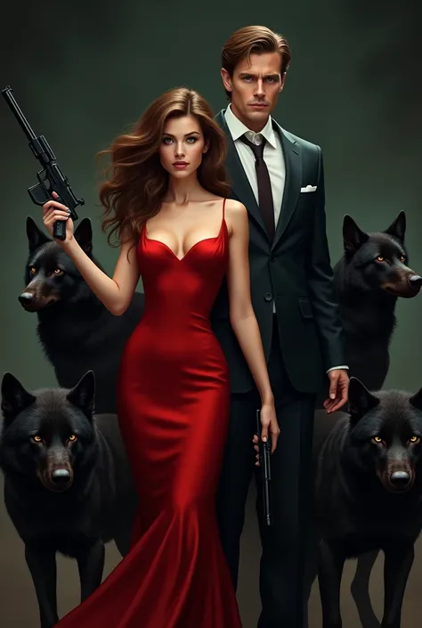 Woman in red dress with brown hair and brown eyes with a gun, Next to her are four black wolves and next to her is a man with brown hair and green eyes holding a gun and wearing a suit. 