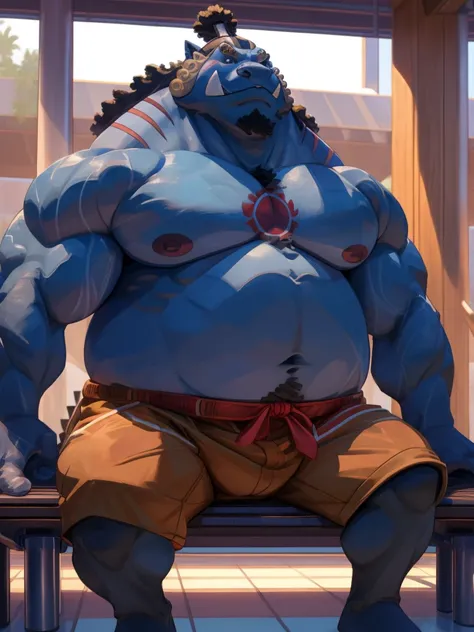 solo, 1boy, (Huge jinbei sitting in bench, room, blue skin, shorts, smile) (muscular, pectoral, chubby) (topless, shirtless), pool background, masterpiece, high detailed, 8k, high resolution