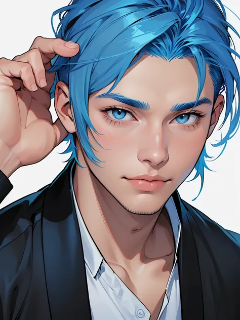 (((Use Focus Line)))、(((Illustration of a young handsome man with blue hair))),