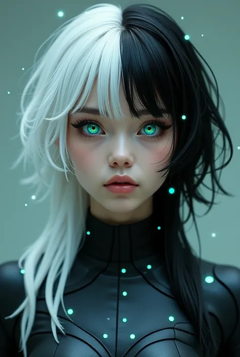 Girl, by the wide, two-tone black and white hair, two-colored eyes blue and green, AU uniform
