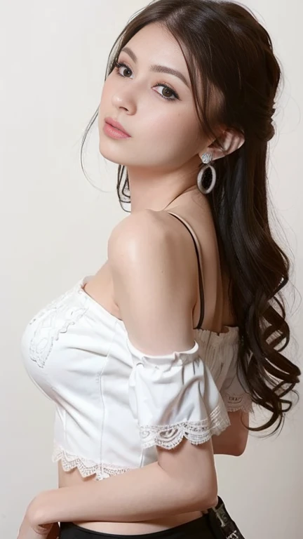 one model ,Unique details, lace embroidered bustier off shoulder blouse, Near future, Curvilinear details , double eyelid, simple background