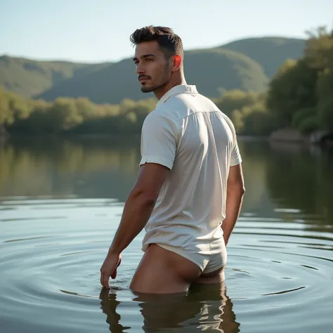 A white man, at 33 years old, model type, with short dark hair, with clear eyes, wearing a full shirt and boxers, standing backwards, looking at the camera and showing her ass in a lake in Alentejo