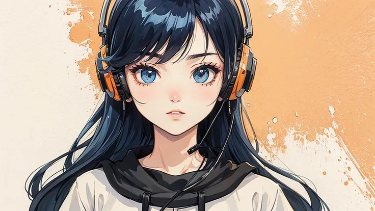 1 person, Blue Long Hair, 80s anime style, I have headphones on, coffee, Retro, Lo-Fi,Orange wall only background, Wearing a short-sleeved T-shirt, Close-up of a womans face from the front, 