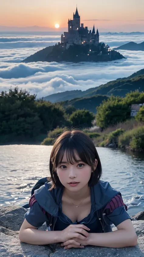 Highest quality, masterpiece, Ultra-high resolution, (Realistic:1.3), RAW Photos, (Nature landscape photography), (Majestic Mountain々The summit of the, sea of clouds), (とても大きな山The summit of the), (sunset), (one person&#39;s), (Upper Body), (20-year-old), (...