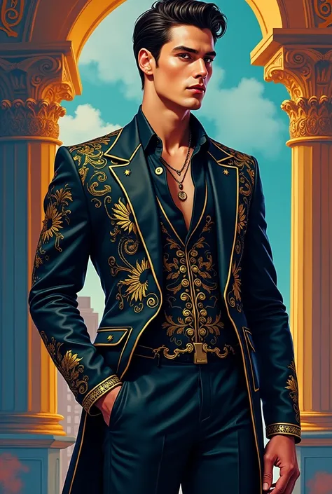 male model, with elegant clothing, Inspired by the colors black, Golden and blue, cartoon