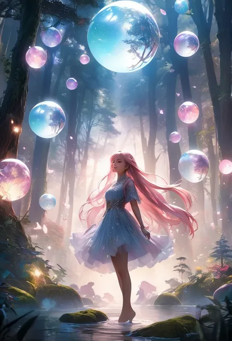 A mysterious forest shrouded in mist, (Double exposure silhouette: 1.2), The forest fairy floats gracefully、Flowing, Detailed fantasy characters, Floating Petals, Luminous sphere, Magical atmosphere, Fantastic lighting, Vibrant colors, Structure of the fil...