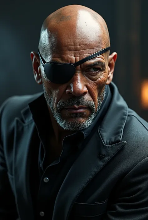 a detailed portrait of Samuel L. Jackson as Nick Fury from Marvel comics, wearing two eye patches, highly detailed facial. dramatic pose, photo-realistic, 8K, cinematic, masterpiece