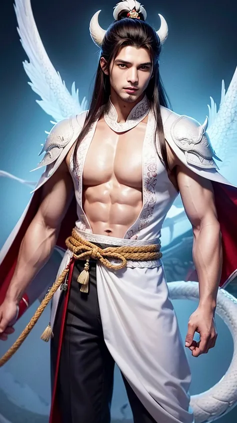 best quality,masterpiece,Ultra-high resolution,photoactual:4：0,Yamagishi,white dragon tiger beast,Teacher spirit,Handsome and handsome,oriental man,long hair shawl,Perfect body,Wearing Tang Dynasty costumes