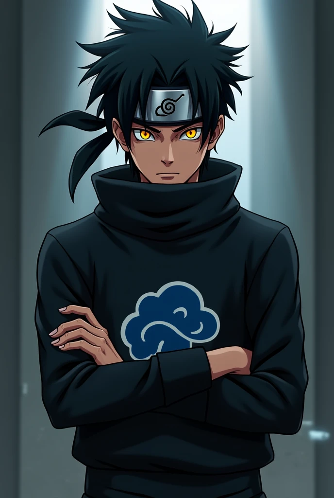  off , messy black wavy hair, ele usa uma bandana ninja off konoha, your skin is tanned brown, His clothes are black with a blue cloud in the center, ele sempre anda off bracos cruzados, your eyes are bright yellow (アニメ)