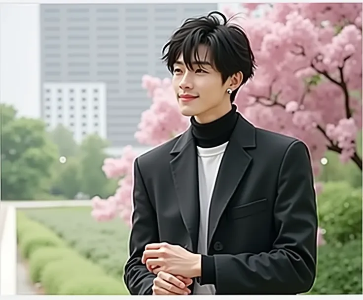 {high resolution}, {{1 male}}, {{Highest quality}}, , (8k, Highest quality, masterpiece:1.2, Very detailed), (Realistic, photoRealistic) , Cool Japanese handsome men, ulzzang , Ulzzang, Facing forward, Center Part, Earrings, smile, Beautiful duo, Korean St...