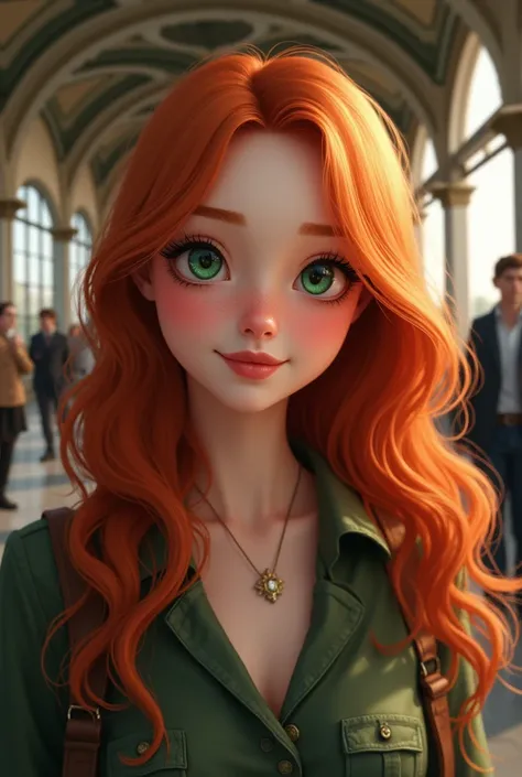 (photorealism:1.2), beautiful woman, redhead green eyes smiling in a station train