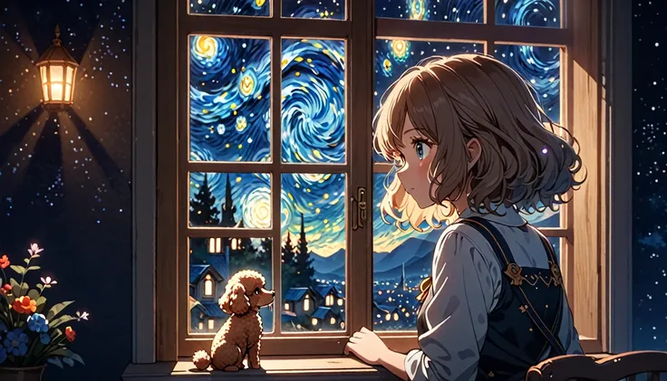 a  girl , a toy poodle, rear view looking out the open window, a starry night sky outside the window, detailed face and eyes, detailed dog, highly detailed, 8k, masterpiece, animetic, cinematic lighting, dramatic lighting, fantasy, whimsical, ethereal, mag...