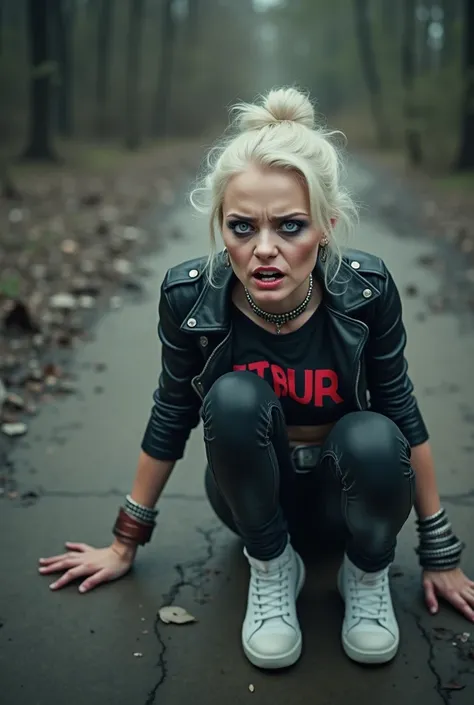 russian milf, platinum blonde hair in top bun ,with very light blue eyes, pale, heavy eye shadows. Sad face, big eyes, smeared make up. Wearing black moto jacket, cropped metal band t-shirt, black skinny jeans and white tennis sneakers. Lots of metallic br...