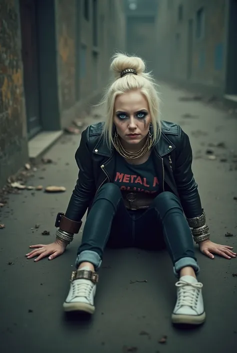 russian milf, platinum blonde hair in top bun ,with very light blue eyes, pale, heavy eye shadows. Sad face, big eyes, smeared make up. Wearing black moto jacket, cropped metal band t-shirt, black skinny jeans and white tennis sneakers. Lots of metallic br...