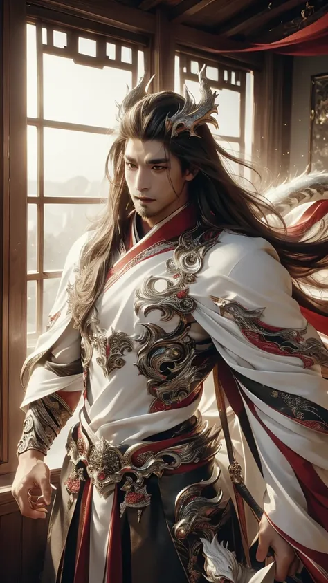 best quality,masterpiece,Ultra-high resolution,photoactual:4：0,Yamagishi,white dragon tiger beast,Teacher spirit,Handsome and handsome,oriental man,long hair shawl,Perfect body,Wearing dragon and tiger jersey,