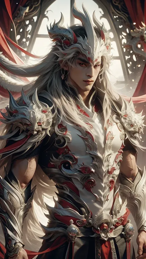 best quality,masterpiece,Ultra-high resolution,photoactual:4：0,Yamagishi,white dragon tiger beast,Teacher spirit,Handsome and handsome,oriental man,long hair shawl,Perfect body,Wearing dragon and tiger jersey,