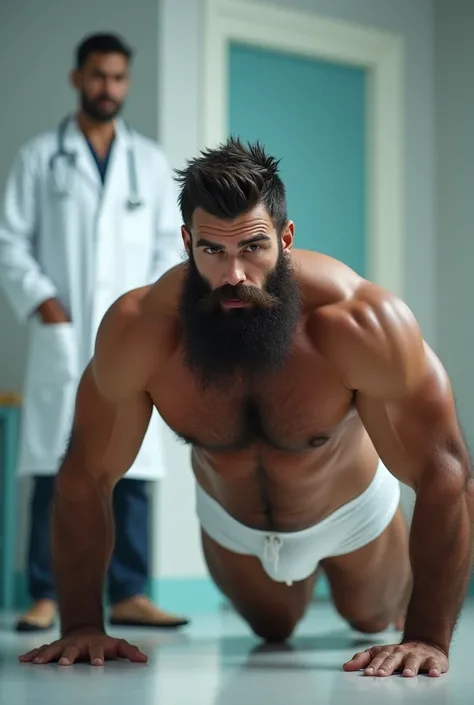 Strong young man, bearded and hairy man in white underwear doing push-ups on the floor in front of a doctor.