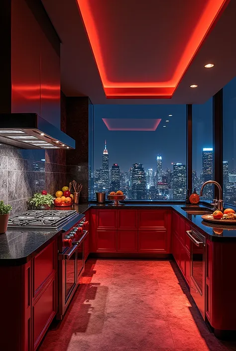 Make me a kitchen of a very luxurious multi-million dollar penthouse that looks like it&#39;s at night. I want the kitchen style to be from the year 1980 with dark and bright touches. Remember it&#39;s a kitchen from the year 1980. Add appliances that were...