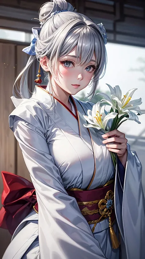 Solo, anime, masterpiece, best quality, high resolution, closeup portrait, a female, bluish gray hair, hair bun, white kimono, Japanese noble lady, white Lily, amazing composition, front view, HDR, ultra quality, elegant, highly detailed, beautiful lady, s...