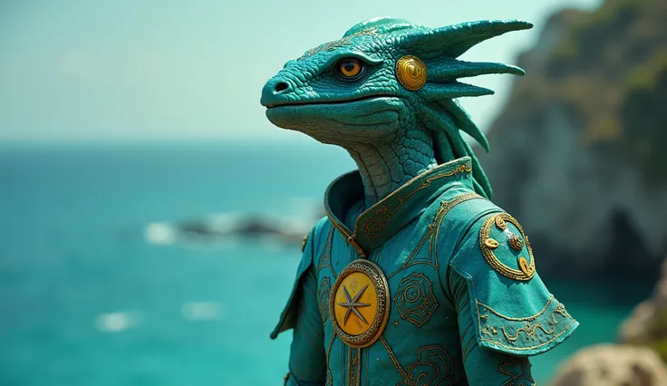 Palau as an oceanic League of Legend sea creature principally in turquoise with a yellow circle. Intricated clothing. Cinematic Fantasy sci-fi landscape background