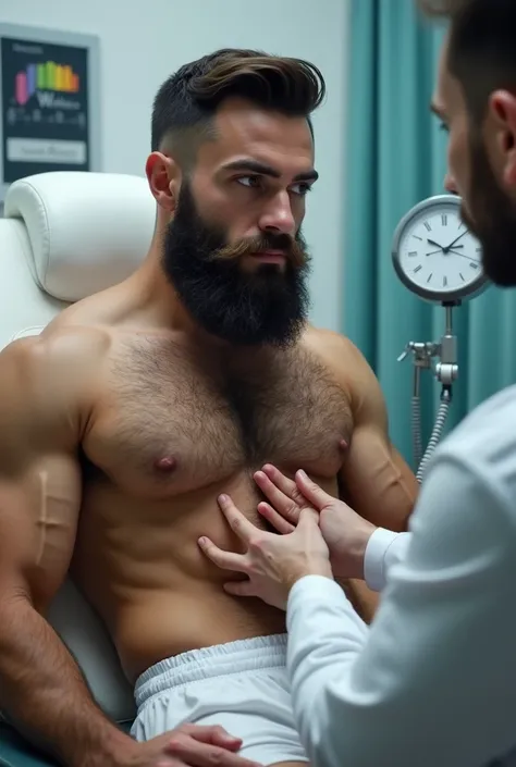 Strong young man, bearded and hairy man in white underwear having his chest examined by a doctor.