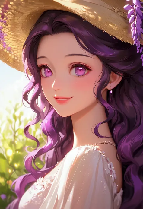 8k, sunny day, floral, happy, smiling, beautiful hat, ((light pink eyes)) embroidery, enchanted, fireflies, purple, wisteria, white-dress, day, beautiful aesthetic dress, sweet looking, midjourney, close-up, niji,