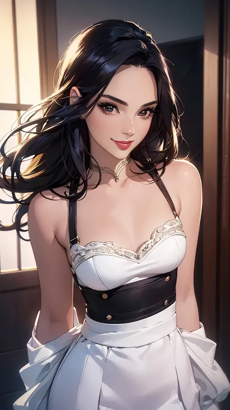 (Best Quality,ultra detailed,photorealistic:1.37),bright and vibrant colors,studio lighting,playful expression,Elegant makeup,long black hair flowing in the wind,seductive eyes,bright lips,pose sexy, mini skirt, coffee shop, negro,smiling in a confident an...