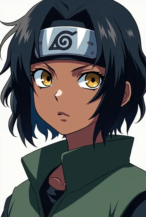  short black wavy black hair , yellow  eyes, and wears a konoha ninja headband, your skin is dark  

(アニメ)