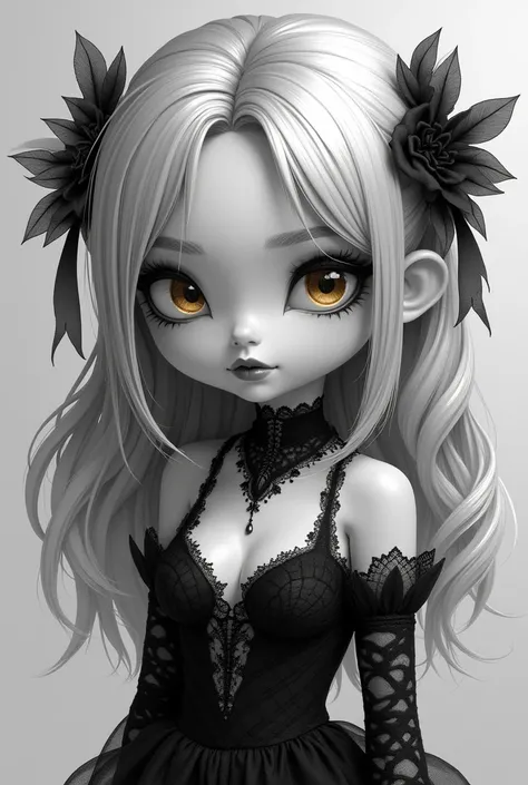 chibi, monochrome pencil drawing, self-portrait, cute beautiful pretty vampire woman, silky blonde hair, gold eyes, (attractive and seductive) and (amorous and lewd) expression, wearing lace gothic dress, shading, shadows, contrast, conceptual installation...