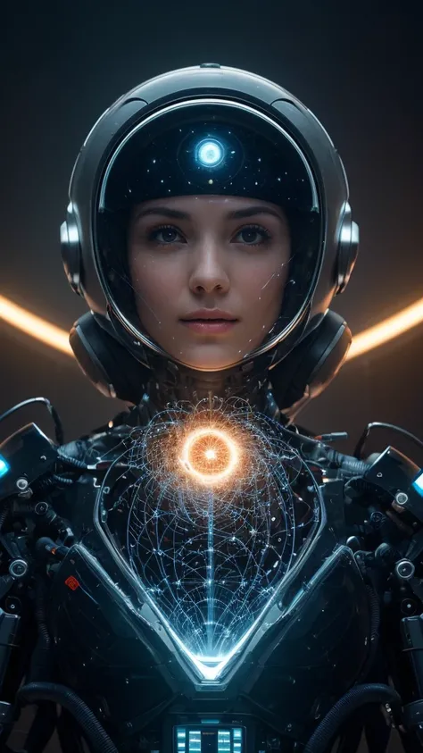 Full body, floating, Immersed in sidereal space, floating in the neural network of data, A woman depicted in a highly detailed and realistic manner, with a robot-like appearance. In the background we have infinite space in nothingness, in the darkness bill...