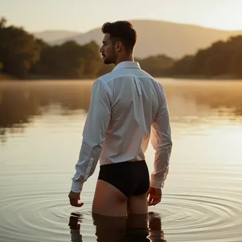 A white man, at 33 years old, model type, with short dark hair, with clear eyes, wearing a full white shirt and black boxers, standing backwards, looking at the camera and showing her ass in a lake in Alentejo at sunrise