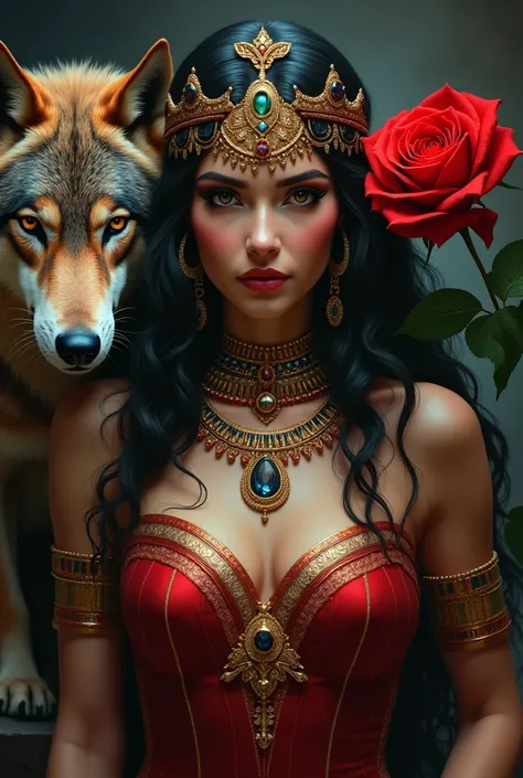 CLEOPATRA ARCHETYPE, WOLF AND RED ROSE 
