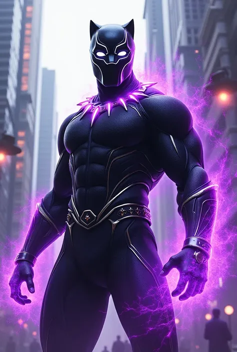 Superhero Black panther with samurai chestplate, white eyes, purple energy aura